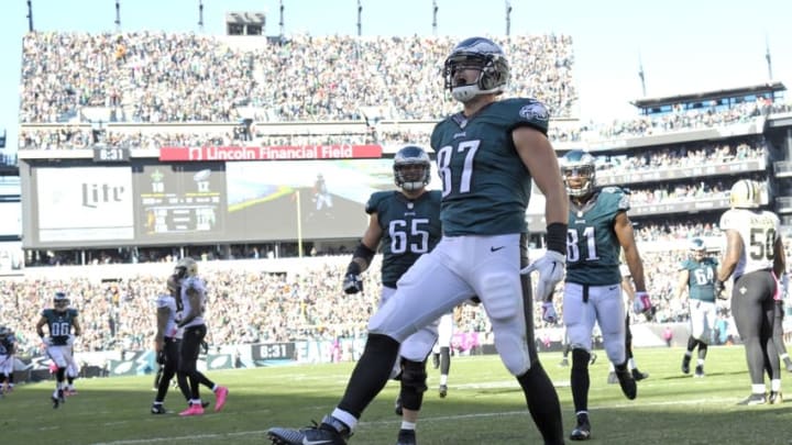 Oct 11, 2015; Philadelphia, PA, USA; Philadelphia Eagles tight end Brent Celek (87) celebrates a 13-yard touchdown catch during the third quarter against the New Orleans Saints at Lincoln Financial Field. Mandatory Credit: Eric Hartline-USA TODAY Sports