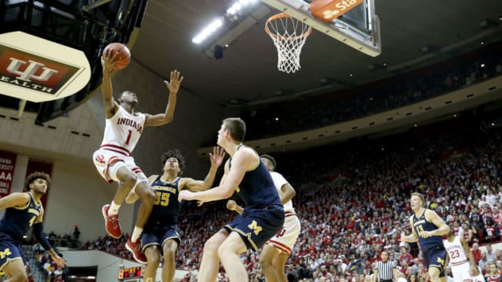 BLOOMINGTON, INDIANA - JANUARY 25: Aljami Durham #1 of the Indiana Hoosiers shoots the ball against the Michigan Wolverines at Assembly Hall on January 25, 2019 in Bloomington, Indiana. (Photo by Andy Lyons/Getty Images)