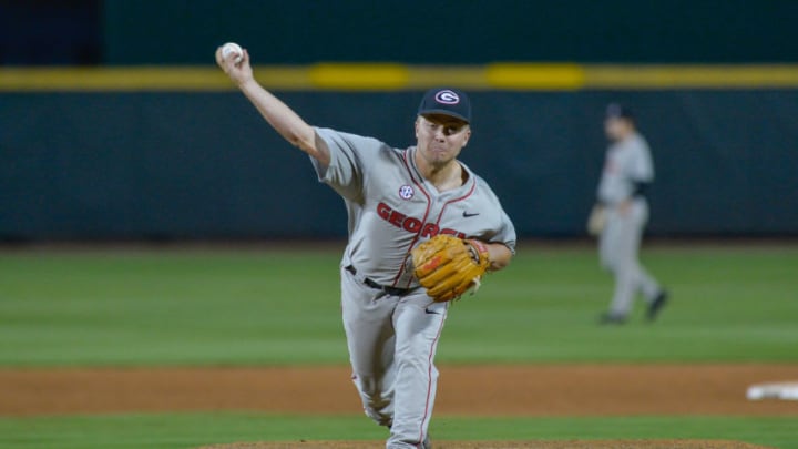 ATLANTA, GA - APRIL 25: Georgia relief pitcher Zac Kristofak throws to the plate during a baseball game on April 25, 2017 at Russ Chandler Stadium in Atlanta, Georgia. The Georgia Bulldogs beat the Georgia Tech Yellow Jackets by a score of 7 5. (Photo by Rich von Biberstein/Icon Sportswire via Getty Images)