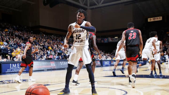 MURRAY, KY - FEBRUARY 09: Ja Morant #12 of the Murray State Racers reacts after tipping in a shot in the second half of the game against the SIU-Edwardsville Cougars at CFSB Center on February 9, 2019 in Murray, Kentucky. Murray State won 86-55. (Photo by Joe Robbins/Getty Images)