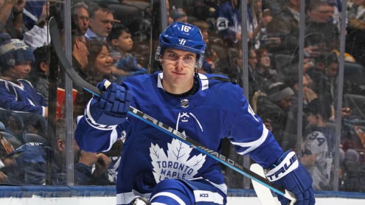 Mitchell Marner #16 of the Toronto Maple Leafs gets set to face the Buffalo Sabres. (Photo by Claus Andersen/Getty Images)