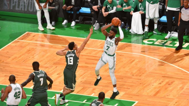 BOSTON, MA - APRIL 28: Jaylen Brown #7 of the Boston Celtics handles the ball against the Milwaukee Bucks in Game Seven of the 2018 NBA Playoffs on April 28, 2018 at the TD Garden in Boston, Massachusetts. NOTE TO USER: User expressly acknowledges and agrees that, by downloading and or using this photograph, User is consenting to the terms and conditions of the Getty Images License Agreement. Mandatory Copyright Notice: Copyright 2018 NBAE (Photo by Jesse D. Garrabrant/NBAE via Getty Images)