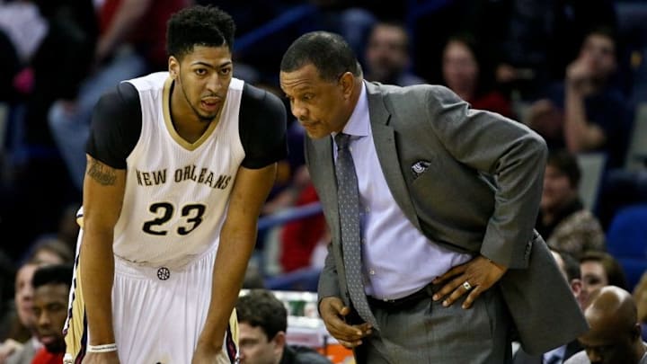 Jan 23, 2016; New Orleans, LA, USA; New Orleans Pelicans head coach Alvin Gentry talks to forward Anthony Davis (23) during the first half of a game against the Milwaukee Bucks at the Smoothie King Center. Mandatory Credit: Derick E. Hingle-USA TODAY Sports