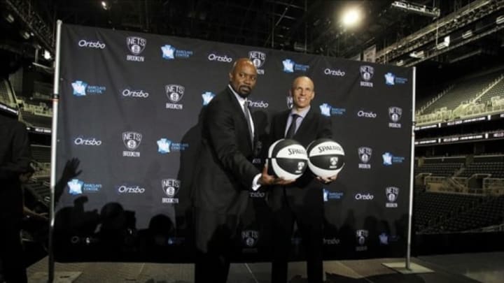 Jun 13, 2013; Brooklyn, NY, USA; Brooklyn Nets general manager Billy King (left) poses for photos with new head coach Jason Kidd during a press conference at Barclays Center. Mandatory Credit: Brad Penner-USA TODAY Sports