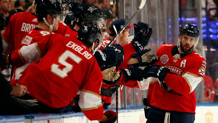SUNRISE, FL - FEBRUARY 23: Keith Yandle #3 of the Florida Panthers celebrates his goal with teammates during the second period against the Los Angeles Kings at the BB&T Center on February 23, 2019 in Sunrise, Florida. (Photo by Eliot J. Schechter/NHLI via Getty Images)