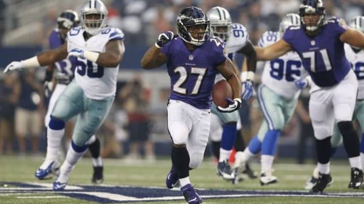 Aug 16, 2014; Arlington, TX, USA; Baltimore Ravens running back Ray Rice (27) runs with the ball during the game against the Dallas Cowboys at AT&T Stadium. Mandatory Credit: Matthew Emmons-USA TODAY Sports Aug 16, 2014; Arlington, TX, USA; Baltimore Ravens running back Ray Rice (27) runs with the ball during the game against the Dallas Cowboys at AT&T Stadium. Mandatory Credit: Matthew Emmons-USA TODAY Sports