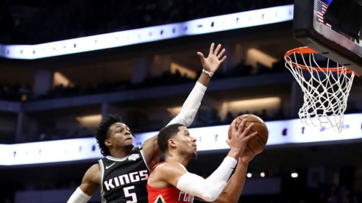 SACRAMENTO, CALIFORNIA - JANUARY 04: Josh Hart #3 of the New Orleans Pelicans goes up for a shot on De'Aaron Fox #5 of the Sacramento Kings at Golden 1 Center on January 04, 2020 in Sacramento, California. NOTE TO USER: User expressly acknowledges and agrees that, by downloading and/or using this photograph, user is consenting to the terms and conditions of the Getty Images License Agreement. (Photo by Ezra Shaw/Getty Images)
