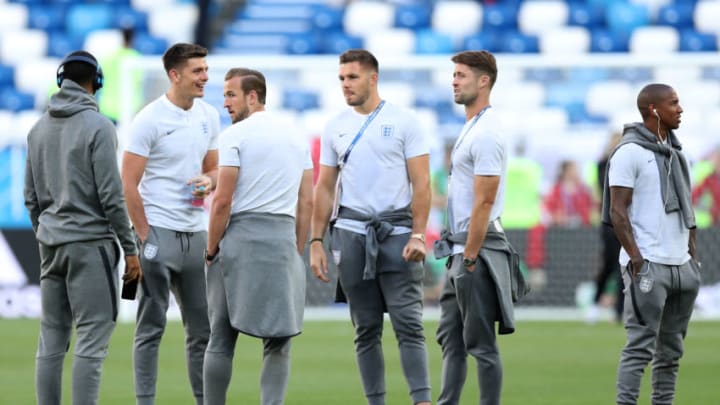 KALININGRAD, RUSSIA - JUNE 28: Gary Cahill of England speaks with teammates during a pitch inspection prior to the 2018 FIFA World Cup Russia group G match between England and Belgium at Kaliningrad Stadium on June 28, 2018 in Kaliningrad, Russia. (Photo by Alex Morton/Getty Images)