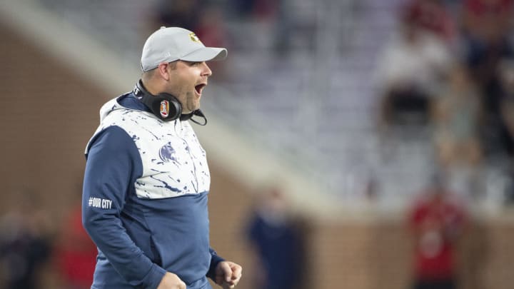MOBILE, ALABAMA – OCTOBER 14: Head coach Kane Wommack of the South Alabama Jaguars reacts after a big play during their game against the Georgia Southern Eagles in the first quarter of play at Hancock Whitney Stadium on October 14, 2021 in Mobile, Alabama. (Photo by Michael Chang/Getty Images)