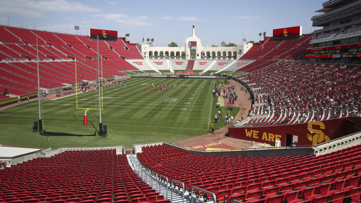 LOS ANGELES, CALIFORNIA – APRIL 17: A general view of Memorial Coliseum during the USC spring game at Los Angeles Coliseum on April 17, 2021 in Los Angeles, California. (Photo by Meg Oliphant/Getty Images)