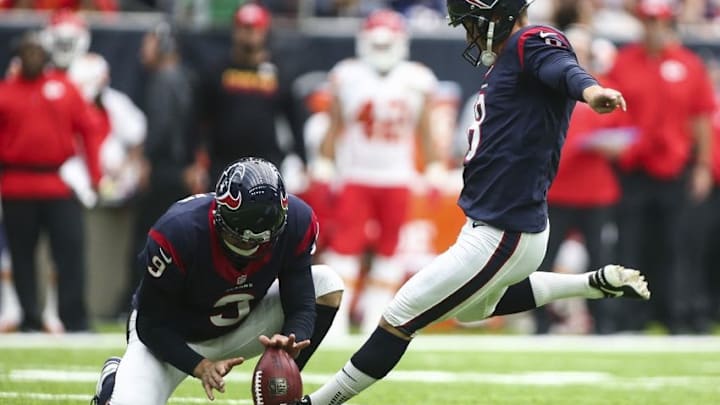 Sep 18, 2016; Houston, TX, USA; Houston Texans kicker Nick Novak (8) kicks a field goal during the second quarter against the Kansas City Chiefs at NRG Stadium. Mandatory Credit: Troy Taormina-USA TODAY Sports