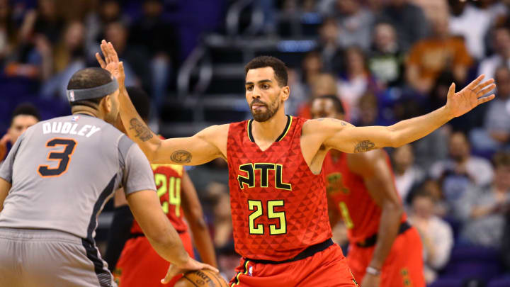 Nov 30, 2016; Phoenix, AZ, USA; Atlanta Hawks forward Thabo Sefolosha (25) against the Phoenix Suns at Talking Stick Resort Arena. The Suns defeated the Hawks 109-107. Mandatory Credit: Mark J. Rebilas-USA TODAY Sports