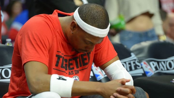 Apr 27, 2016; Los Angeles, CA, USA; Los Angeles Clippers forward Paul Pierce (34) sits on the bench before the start of game five of the first round of the NBA Playoffs against the Portland Trail Blazers at Staples Center. Mandatory Credit: Jayne Kamin-Oncea-USA TODAY Sports