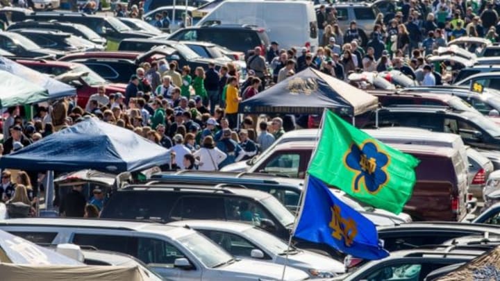 Oct 11, 2014; South Bend, IN, USA; Tailgaters fill the parking lot before the game between the Notre Dame Fighting Irish and the North Carolina Tar Heels at Notre Dame Stadium. Notre Dame won 50-43. Mandatory Credit: Matt Cashore-USA TODAY Sports