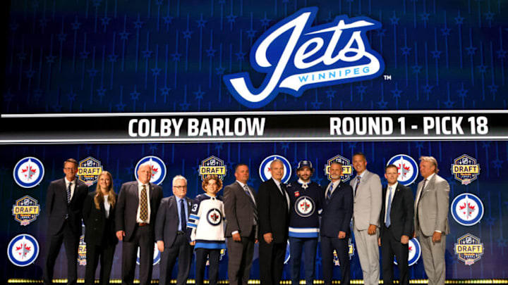 NASHVILLE, TENNESSEE - JUNE 28: Colby Barlow is selected by the Winnipeg Jets with the 18th overall pick during round one of the 2023 Upper Deck NHL Draft at Bridgestone Arena on June 28, 2023 in Nashville, Tennessee. (Photo by Bruce Bennett/Getty Images)