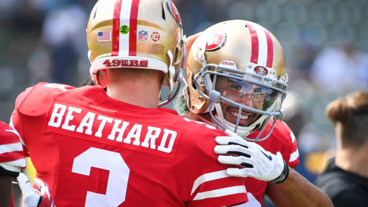 CARSON, CA - SEPTEMBER 30: San Francisco 49ers starting quarterback C.J. Beathard #3 embraces wide receiver Dante Pettis #18 ahead of the game against the Los Angeles Chargers at StubHub Center on September 30, 2018 in Carson, California. (Photo by Jayne Kamin-Oncea/Getty Images)