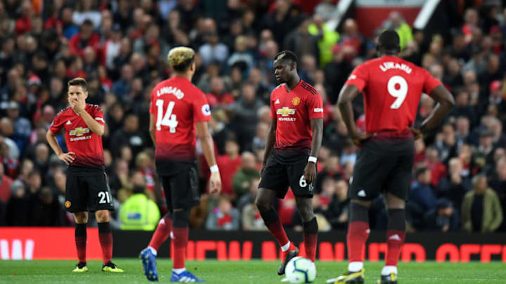 MANCHESTER, ENGLAND - AUGUST 27: Ander Herrera, Jesse Lingard, Paul Pogba and Romelu Lukaku of Manchester United looks dejected during the Premier League match between Manchester United and Tottenham Hotspur at Old Trafford on August 27, 2018 in Manchester, United Kingdom. (Photo by Michael Regan/Getty Images)