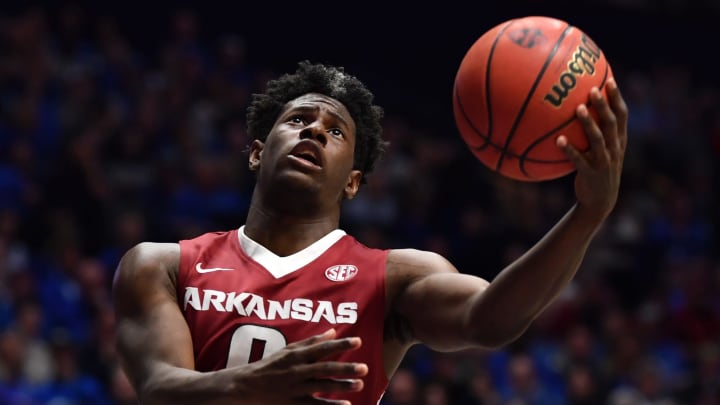 Mar 12, 2017; Nashville, TN, USA; Arkansas Razorbacks guard Jaylen Barford (0) goes for a layup during the second half against the Kentucky Wildcats during the SEC Conference Tournament at Bridgestone Arena. Kentucky won 82-65. Mandatory Credit: Christopher Hanewinckel-USA TODAY Sports