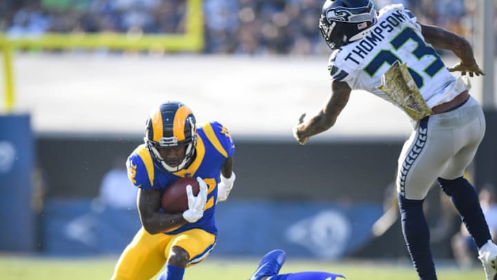 LOS ANGELES, CA - NOVEMBER 11: Wide receiver Brandin Cooks #12 of the Los Angeles Rams runs after his catch in the second quarter against the Seattle Seahawks at Los Angeles Memorial Coliseum on November 11, 2018 in Los Angeles, California. (Photo by Harry How/Getty Images)