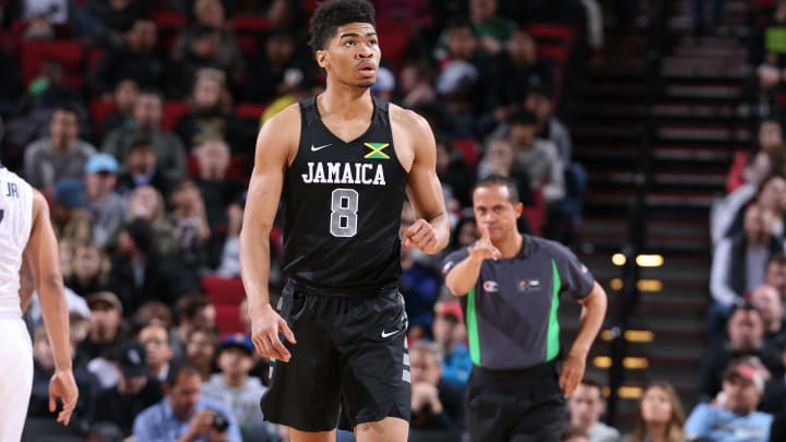PORTLAND, OR – APRIL 7: Nick Richards #8 of the World Select Team looks on against the USA Junior Select Team during the game on April 7, 2017 at the MODA Center Arena in Portland, Oregon. NOTE TO USER: User expressly acknowledges and agrees that, by downloading and or using this photograph, User is consenting to the terms and conditions of License Agreement. Mandatory Copyright Notice: Copyright 2017 NBAE (Photo by Sam Forencich)
