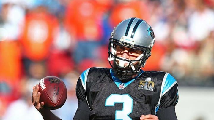 Feb 7, 2016; Santa Clara, CA, USA; Carolina Panthers quarterback Derek Anderson against the Denver Broncos during Super Bowl 50 at Levi