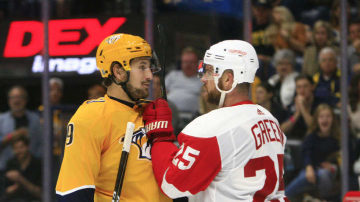 NASHVILLE, TN - OCTOBER 05: Nashville Predators left wing Filip Forsberg (9) antagonizes Detroit Red Wings defenseman Mike Green (25) during the NHL game between the Nashville Predators and Detroit Red Wings, held on October 5, 2019, at Bridgestone Arena in Nashville, Tennessee. (Photo by Danny Murphy/Icon Sportswire via Getty Images)