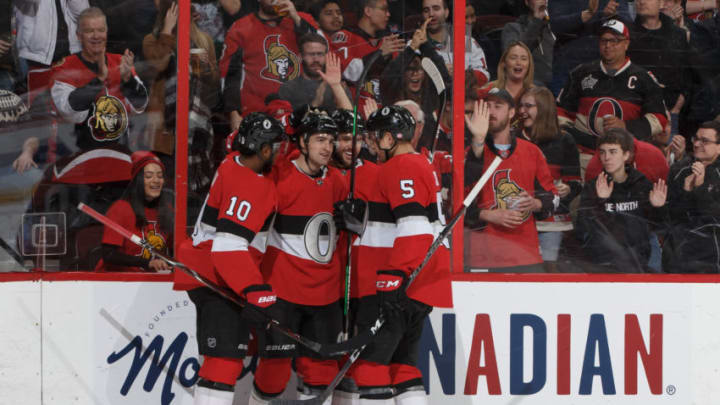 OTTAWA, ON - MARCH 28: Colin White #36 of the Ottawa Senators celebrates his first period goal against the Florida Panthers with teammates Anthony Duclair #10, Christian Wolanin #86 and Cody Ceci #5 at Canadian Tire Centre on March 28, 2019 in Ottawa, Ontario, Canada. (Photo by Andre Ringuette/NHLI via Getty Images)