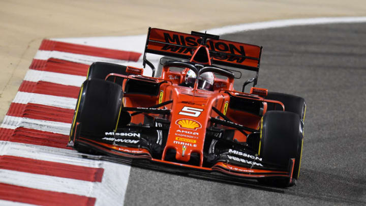 BAHRAIN, BAHRAIN - MARCH 31: Sebastian Vettel of Germany driving the (5) Scuderia Ferrari SF90 on track during the F1 Grand Prix of Bahrain at Bahrain International Circuit on March 31, 2019 in Bahrain, Bahrain. (Photo by Clive Mason/Getty Images)