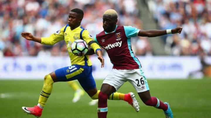 STRATFORD, ENGLAND - APRIL 22: Arthur Masuaku of West Ham United and Ademola Lookman of Everton in action during the Premier League match between West Ham United and Everton at the London Stadium on April 22, 2017 in Stratford, England. (Photo by Dan Istitene/Getty Images)