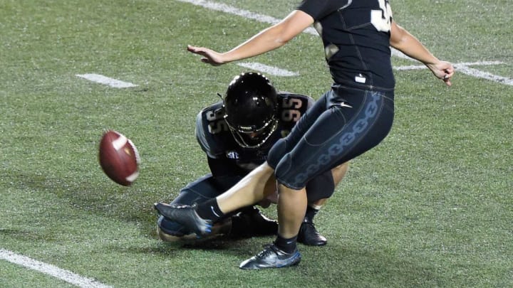 Vanderbilt place kicker Sarah Fuller (32) kicks an extra point during the fourth quarter against Tennessee at Vanderbilt Stadium Saturday, Dec. 12, 2020 in Nashville, Tenn.Gw43385