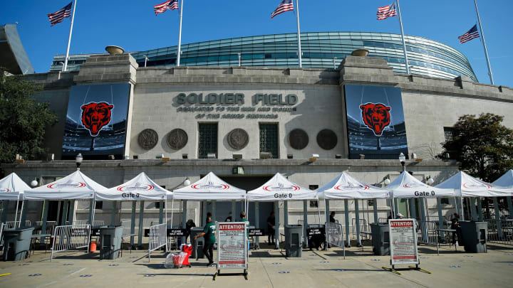 Aug 14, 2021; Chicago, Illinois, USA; A general view of the exterior of Soldier Field before the game between the Chicago Bears and the Miami Dolphins. Mandatory Credit: Jon Durr-USA TODAY Sports