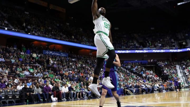 Oct 8, 2016; Uncasville, CT, USA; Boston Celtics forward Jae Crowder (99) dunks against the Charlotte Hornets in a pre-season game at Mohegan Sun Arena. Mandatory Credit: Wendell Cruz-USA TODAY Sports