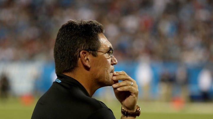 CHARLOTTE, NC – AUGUST 24: Head coach Ron Rivera of the Carolina Panthers looks on against the New England Patriots in the second quarter during their game at Bank of America Stadium on August 24, 2018 in Charlotte, North Carolina. (Photo by Streeter Lecka/Getty Images)