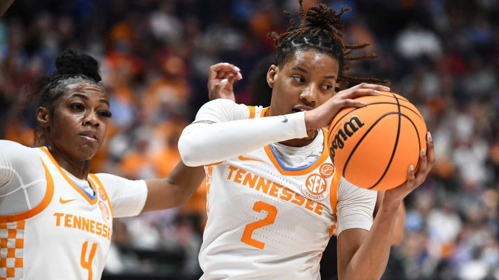 Tennessee forward Alexus Dye (2) gets the rebound during the SEC Women’s Basketball Tournament game against Kentucky in Nashville, Tenn. on Saturday, March 5, 2022.Sec Ut Ky