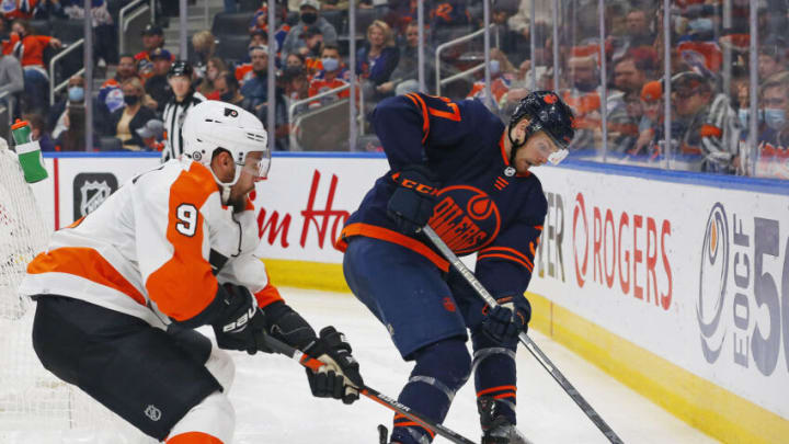 Edmonton Oilers Forward Warren Foegele, #37, battles Philadelphia Flyers defensemen Ivan Provorov #9 Mandatory Credit: Perry Nelson-USA TODAY Sports