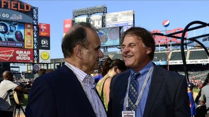 Jul 16, 2013; Flushing, NY, USA; MLB executive Joe Torre (left) talks with former manager Tony La Russa before the 2013 All Star Game at Citi Field. Mandatory Credit: Scott Rovak-USA TODAY Sports