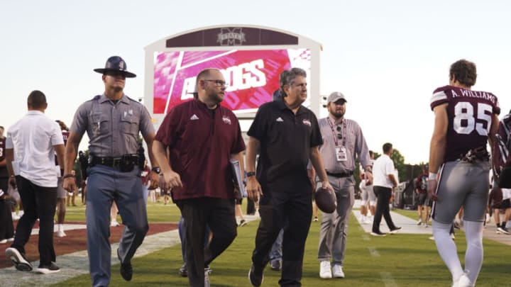 Oct 1, 2022; Starkville, Mississippi, USA; Mississippi State Bulldogs head coach Mike Leach walks off the field after the game against the Texas A&M Aggies at Davis Wade Stadium at Scott Field. Mandatory Credit: Matt Bush-USA TODAY Sports