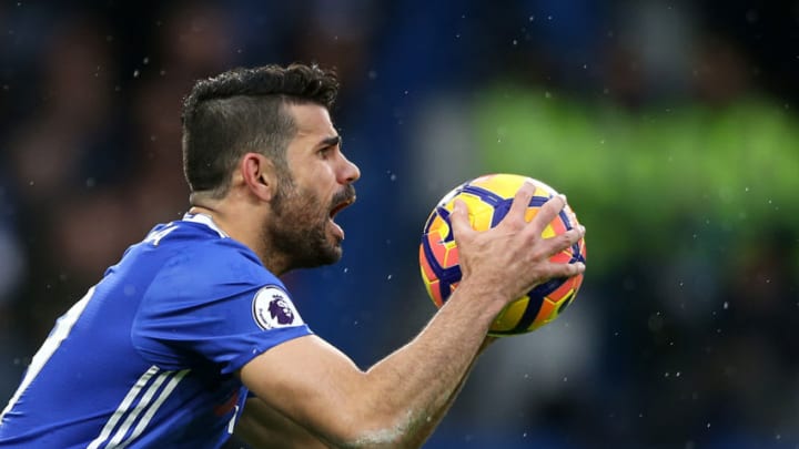 February 25th 2017, Stamford Bridge, Chelsea, London, England; EPL Premier league football, Chelsea versus Swansea City; Diego Costa of Chelsea holding the match ball (Photo by John Patrick Fletcher/Action Plus via Getty Images)
