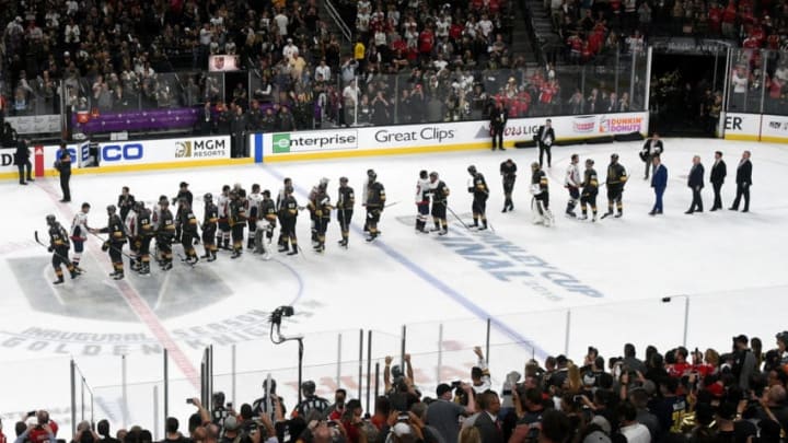 The Washington Capitals and the Vegas Golden Knights shake hands on the ice after Game Five of the 2018 NHL Stanley Cup Final. (Photo by Ethan Miller/Getty Images)