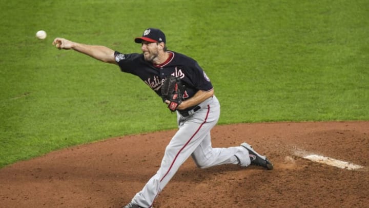 WASHINGTON, DC - OCTOBER 22: Washington Nationals starting pitcher Max Scherzer (31) throws a pitch in the fourth inning during Game 1 of the World Series between the Washington Nationals and the Houston Astros at Minute Maid Park on Tuesday, October 22, 2019. (Photo by Jonathan Newton /The Washington Post via Getty Images)