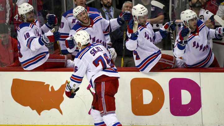 WASHINGTON, DC – FEBRUARY 24: New York Rangers defenseman Brady Skjei (76) is congratulated by the bench after tying the game against the Washington Capitals very late in the third period on February 24, 2019, at the Capital One Arena in Washington, D.C. (Photo by Mark Goldman/Icon Sportswire via Getty Images)