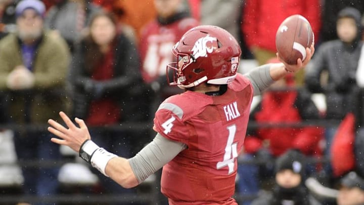Nov 25, 2016; Pullman, WA, USA; Washington State Cougars quarterback Luke Falk (4) throws a pass against the Washington Huskies during the first half at Martin Stadium. Mandatory Credit: James Snook-USA TODAY Sports