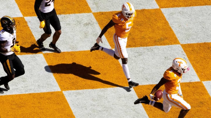 Oct 3, 2020; Knoxville, TN, USA; Tennessee running back Eric Gray (3) scores a touchdown during a SEC conference football game between the Tennessee Volunteers and the Missouri Tigers held at Neyland Stadium. Mandatory Credit: Brianna Paciorka-USA TODAY NETWORK