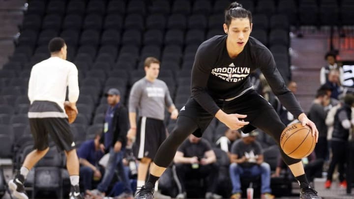 Dec 10, 2016; San Antonio, TX, USA; Brooklyn Nets guard Jeremy Lin (7) warms up prior to the game against the San Antonio Spurs at AT&T Center. Mandatory Credit: Soobum Im-USA TODAY Sports