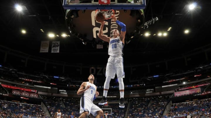 ORLANDO, FL - OCTOBER 5: Aaron Gordon #00 of the Orlando Magic dunks against the Dallas Mavericks during a preseason game on October 5, 2017 at Amway Center in Orlando, Florida. NOTE TO USER: User expressly acknowledges and agrees that, by downloading and or using this photograph, User is consenting to the terms and conditions of the Getty Images License Agreement. Mandatory Copyright Notice: Copyright 2017 NBAE (Photo by Fernando Medina/NBAE via Getty Images)
