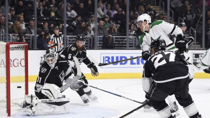 Jan 9, 2017; Los Angeles, CA, USA; Dallas Stars right wing Brett Ritchie (25) scores a goal on Los Angeles Kings goalie Peter Budaj (31) during the first period at Staples Center. Mandatory Credit: Kelvin Kuo-USA TODAY Sports
