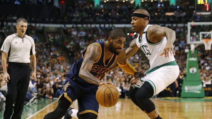 May 19, 2017; Boston, MA, USA; Cleveland Cavaliers guard Kyrie Irving (2) drives against Boston Celtics guard Isaiah Thomas (4) during the first half in game two of the Eastern conference finals of the NBA Playoffs at TD Garden. Mandatory Credit: Winslow Townson-USA TODAY Sports