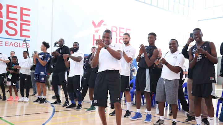 JOHANNESBURG, SOUTH AFRICA – AUGUST 1: President Masai Ujiri of the Toronto Raptors participates at Hoops 4 Hope at the Basketball Without Boarders Africa program at the American International School of Johannesburg on August 1, 2018 in Gauteng province of Johannesburg, South Africa. NOTE TO USER: User expressly acknowledges and agrees that, by downloading and or using this photograph, User is consenting to the terms and conditions of the Getty Images License Agreement. Mandatory Copyright Notice: Copyright 2018 NBAE (Photo by Nathaniel S. Butler/NBAE via Getty Images)