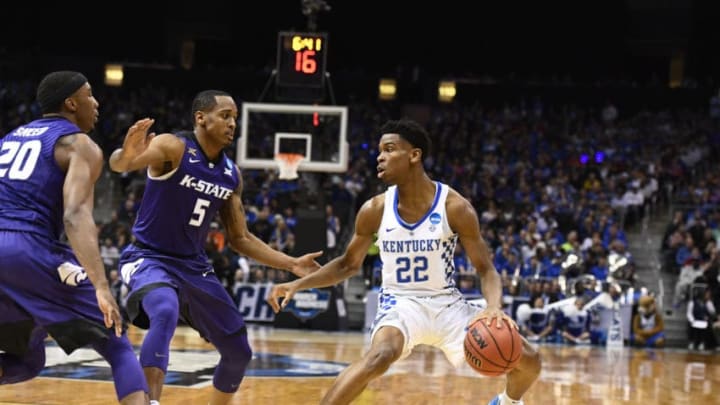 ATLANTA, GA – MARCH 22: Shai Gilgeous-Alexander #22 of the Kentucky Wildcats drives to the basket against Barry Brown #5 Xavier Sneed of the Kansas State Wildcats the third round of the 2018 NCAA Men’s Basketball Tournament held at Philips Arena on March 22, 2018 in Atlanta, Georgia. (Photo by Brett Wilhelm/NCAA Photos via Getty Images)