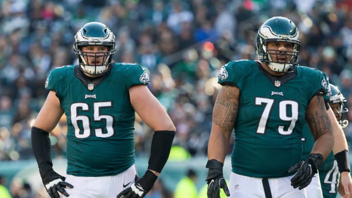 Philadelphia Eagles tackle Lane Johnson (65) and guard Brandon Brooks (79) - Mandatory Credit: Bill Streicher-USA TODAY Sports